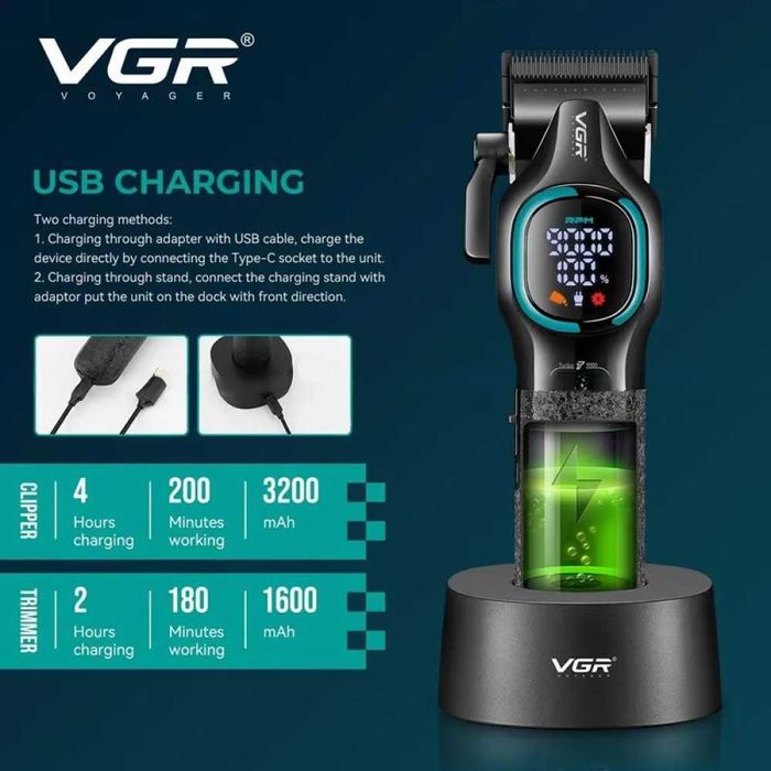 машинка за подстригване + тример VGR V-886 S2 Grip Turbo 9000RPM