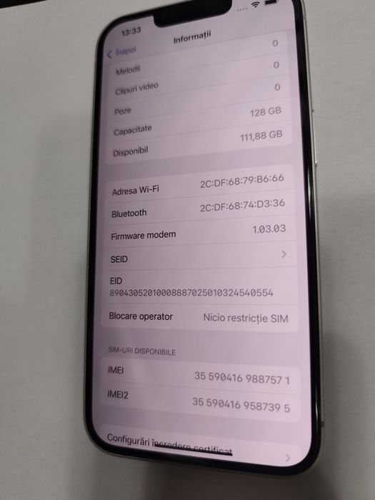 iPhone 16e White 128GB Că NOU Liber de rețea Stare IMPECABILA