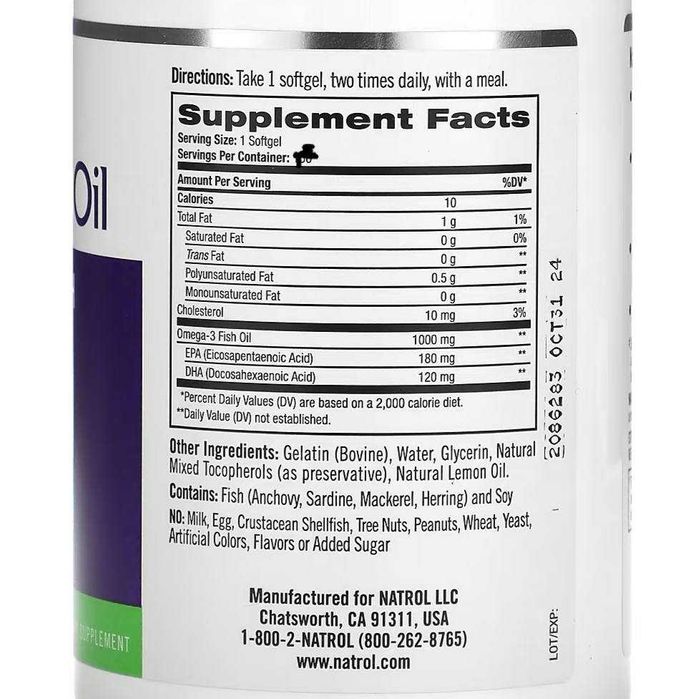 Omega-3 рыбий жир 1000 мг  150 капс с лимоном (бычий желатин) Америка