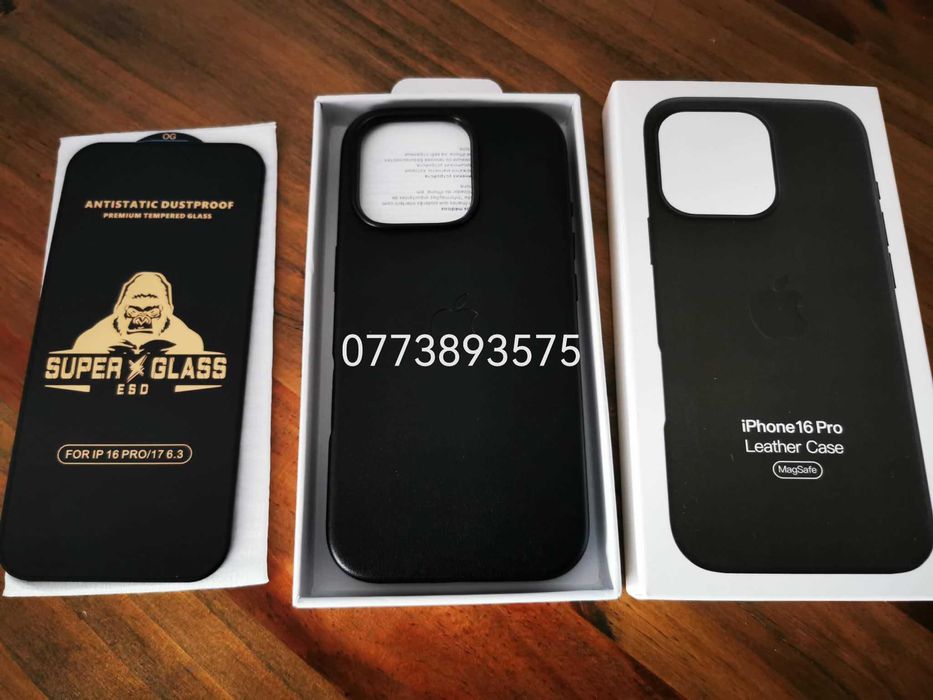 Husa piele cip si Magsafe + folie sticla ecran Iphone 16 17 PRo Max