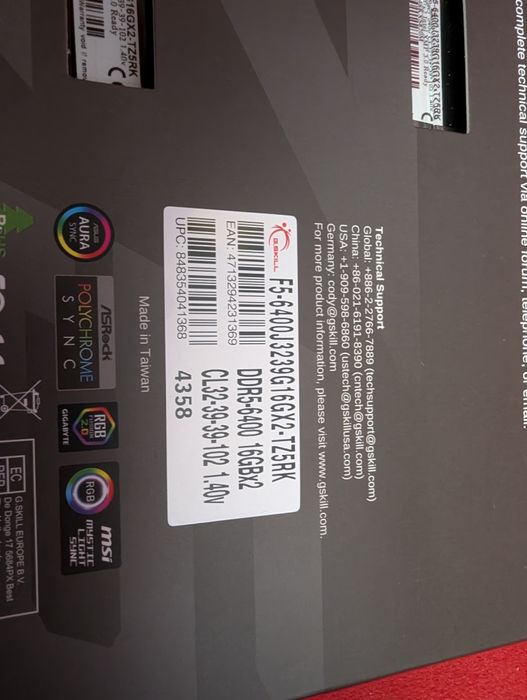 32GB (2x16GB) DDR5 RAM: G.Skill Trident Z5 RGB, DDR5-6400 CL32