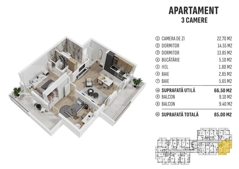 Apartament 3 camere, 2 bai, 2 terase, bloc nou , zona Casa Somesana