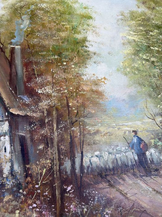 Tablou,pictura in ulei pe panza,cioban cu oi,semnat