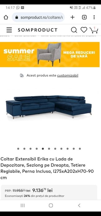 Canapea colțar extensibil cu tetiere reglabile si lada de depozitare