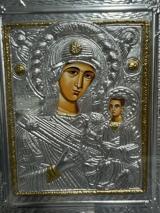 icoana veche icoana argintata icoana dim 30x40 cm maica domnului cu pruncu