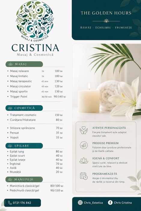 Masaje/cosmetică/manichiură/pedichiuraā/stilizarere sprancene si epilari cu ceara.