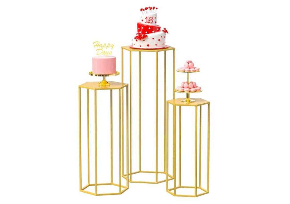Set 3 suporturi cilindrice aurii decor nunți/petreceri, mese piedestal candy bar