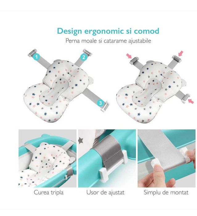 Set de 5 piese Cosulet bebe, Medi Partners, Model Poiana cu animale  100x60x15cm, Gri/Bej + CADITA baie GRATIS