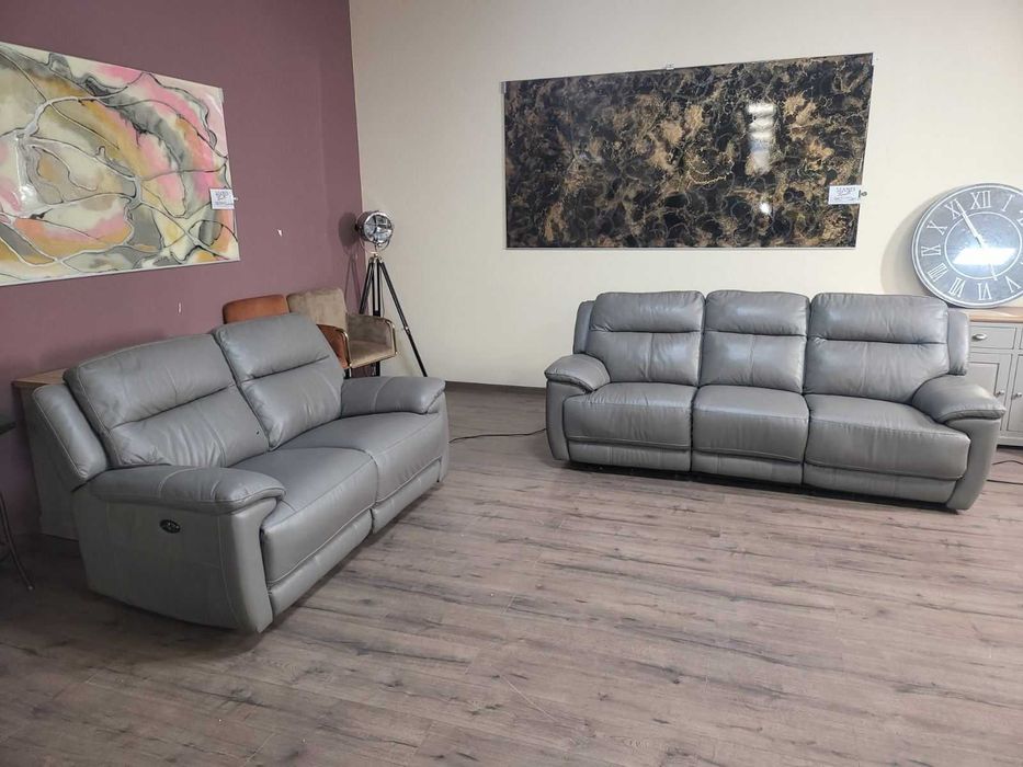 Сив кожен комплект дивани тройка и двойка с ел. релакс механизъм