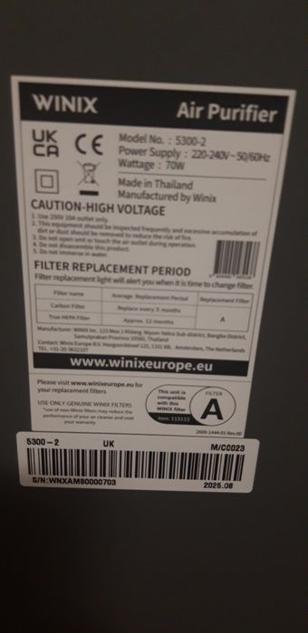 Purificator de aer WINIX 5300 2 pentru alergii cu filtru HEPA ideal  camere de fumat, combate, praful, polenul, parul de animal