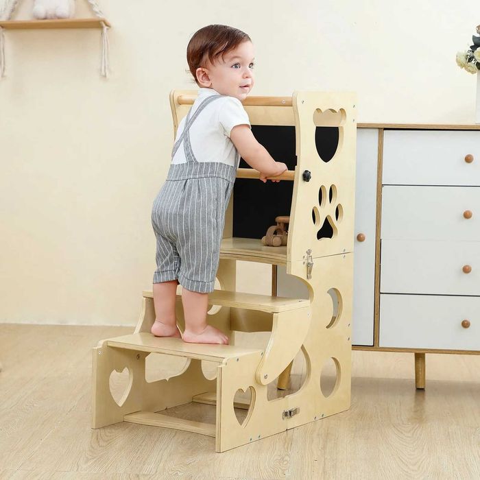 Помощна кула Монтесори за кухня, дървена кула за дете, Learning Tower, стъпало до плота