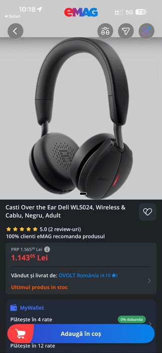 Căști Wireless Over-Ear Dell WL5024 Wireless Headset cu Microfon