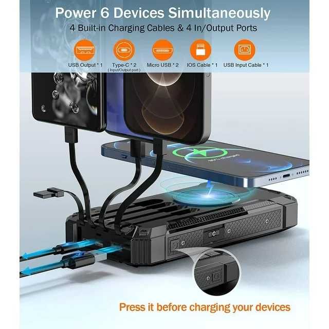 Мощна соларна батерия 36000mAh с фенер, функция безжично зареждане