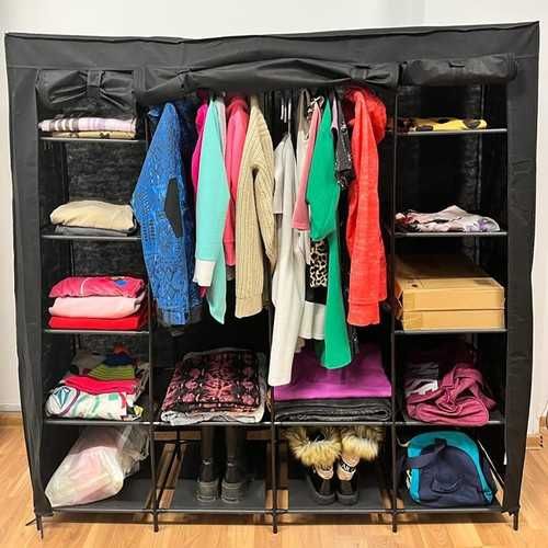 Сгъваем текстилен гардероб с 14 рафта и 2 закачалки 170х170х42см Черен