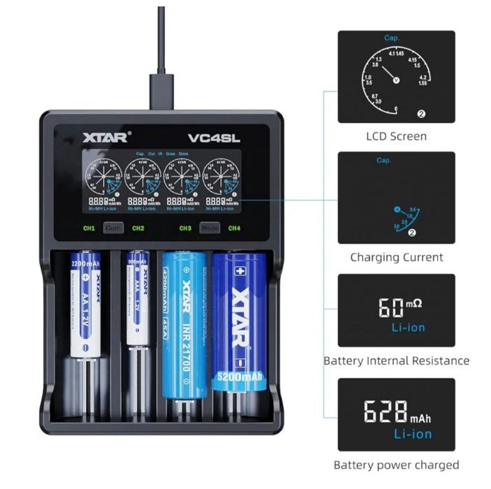 Зарядно у-во XTAR VC4SL, 4 гнезда, LCD дисплей, USB, LiIon & NIMH