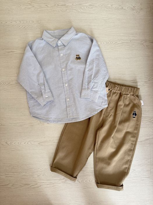 Рубашка и брюки для мальчиков, качественный хлопок, с вышивкой медведя