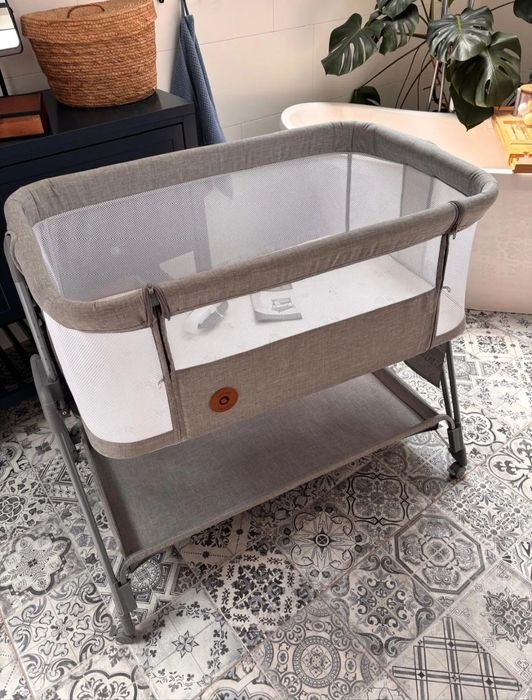 Patut co sleeper Lionelo Luna 2 in 1 gri + saltea cocos + 2 lenjerii