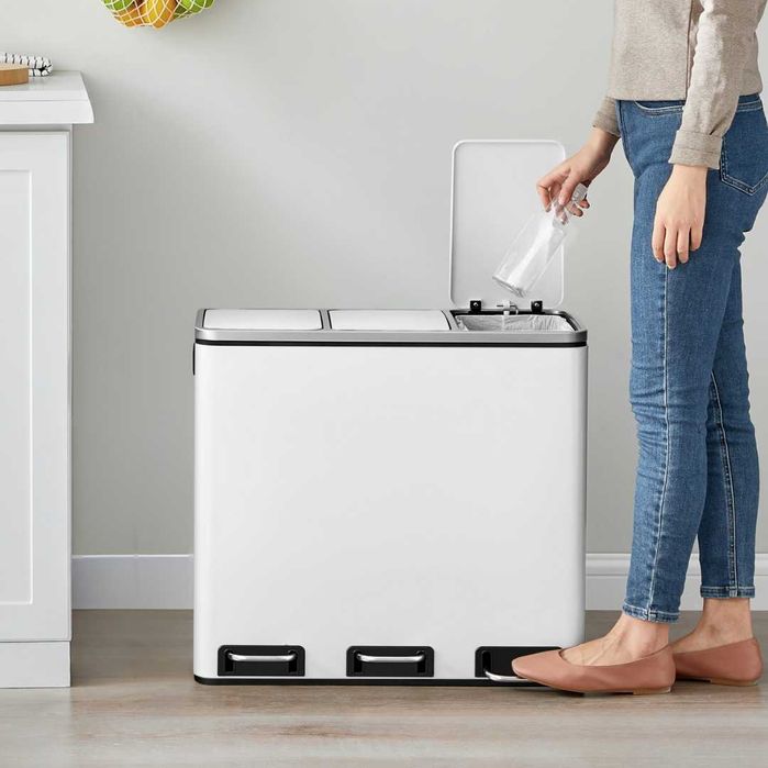Cos de gunoi pentru reciclare SONGMICS, 3 compartimente, 3×18 L, alb