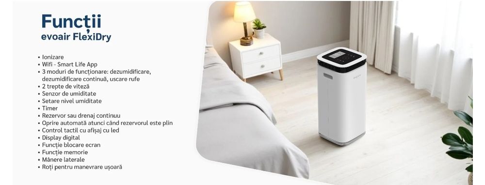 Dezumidificator Evoair FlexiDry Smart, ionizare, WiFi, ca NOU-garanție