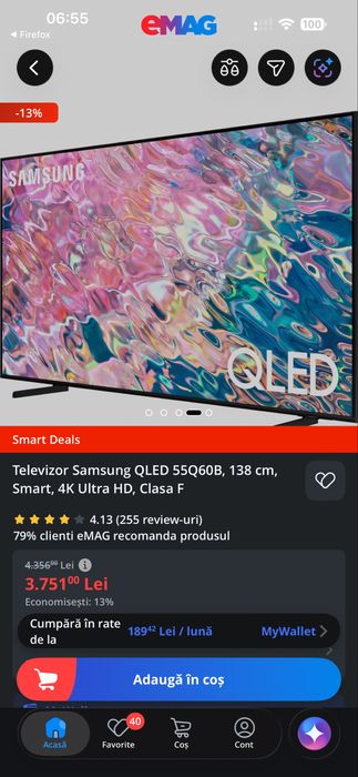 Televizor Samsung QLED 55Q60B, 138 cm, Smart, 4K Ultra HD, clasa F