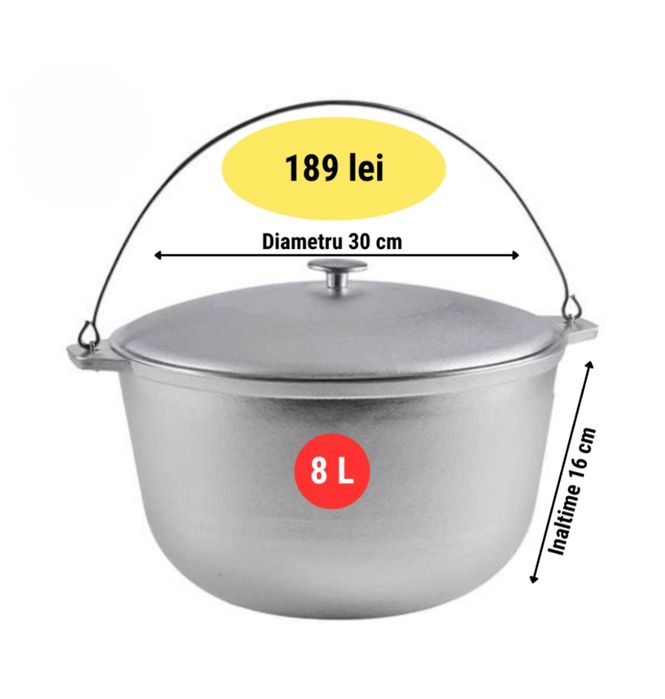 Ceaun aluminiu alimentar cu capac 16.5 litri fund plat gros D36cm H22c