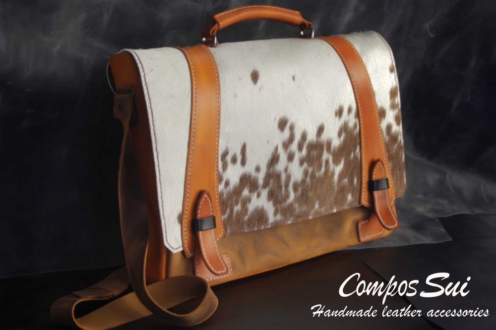 Чанта за лаптоп от естествена кожа с косъм