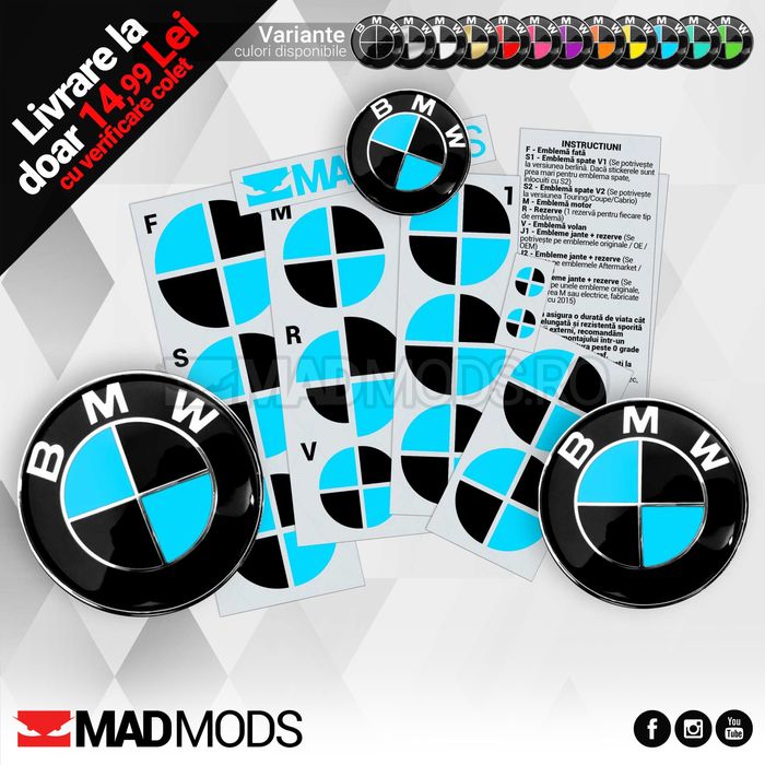 Set Stickere Embleme Negru cu Albastru BMW Seria 1 2 3 4 5 6 7 8 X i M