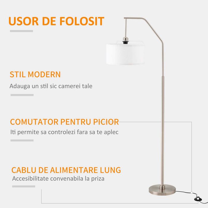 Lampă de podea modernă din oțel cu abajur din material textil, 65x33x158cm – Alb , HOMCOM