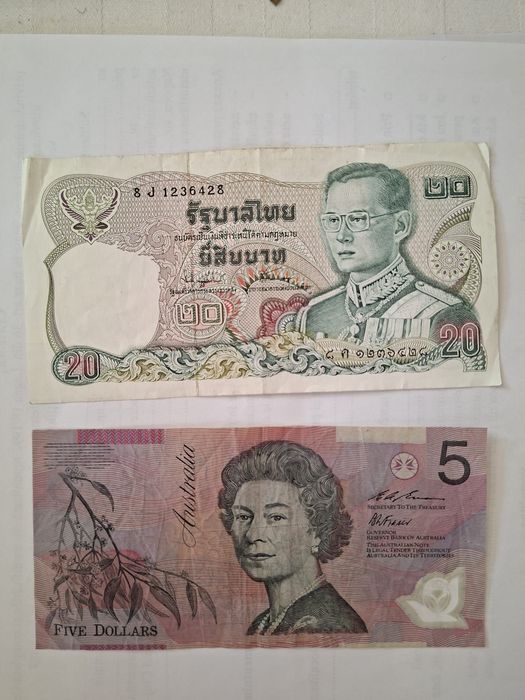 Bancnote 20 bath (Tailanda), 5 dolari australieni