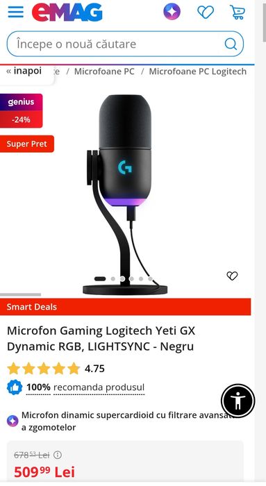 Microfon Gaming Logitech Yeti GX Dynamic RGB, LIGHTSYNC - Negru, SIGILAT