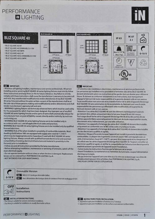 осветително тяло Performance in Lighting – Bliz Square 40