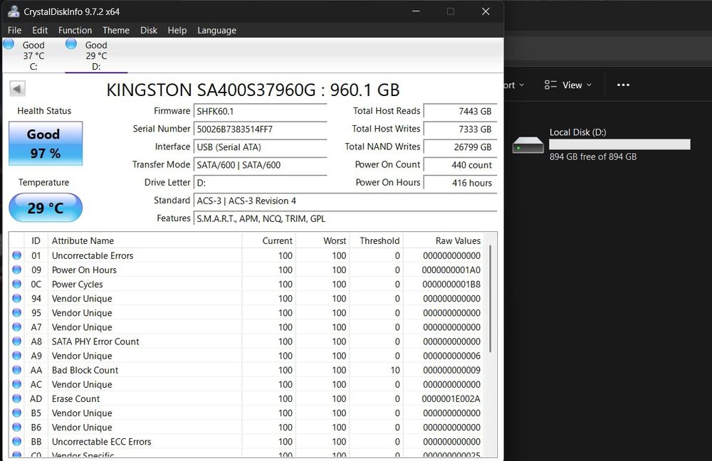 SSD Kingston A400 960GB SATA III – 97% Sănătate