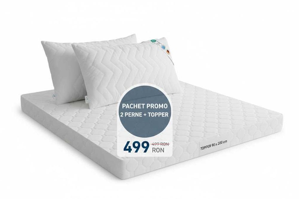 Pachet promo 2 perne 40x80, topper cu spuma de memorie 90x200