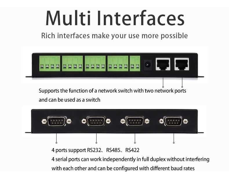 ZLAN5443H 4-портов високоскоростен сървър RS232/485/422 към Ethernet.
