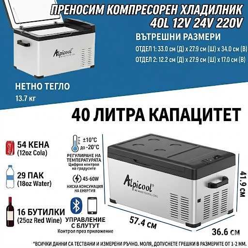 Преносими компресорни хладилници Alpicool C20 / C30 / C40 12V 24V 220V Bluetooth