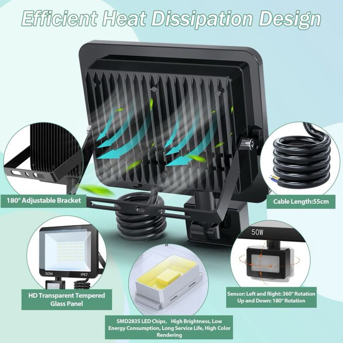 YIQIBRO 100W PIR lumină de securitate exterioară cu senzor de mișcare – 10000LM LED proiector