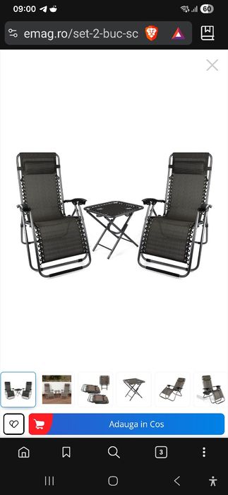 Set 2 șezlonguri și masă pliabila de camping/grădină