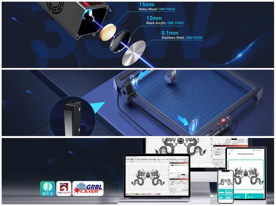 Laser CNC Mecpow x5Pro, 33W, 600x600mm + Auto Air Assist + Fagure - Folosit pentru teste si demo