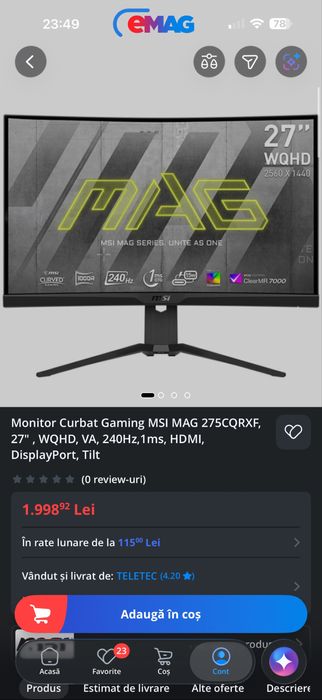 Monitor Gaming 27” MSI Curbat WQHD 240hz