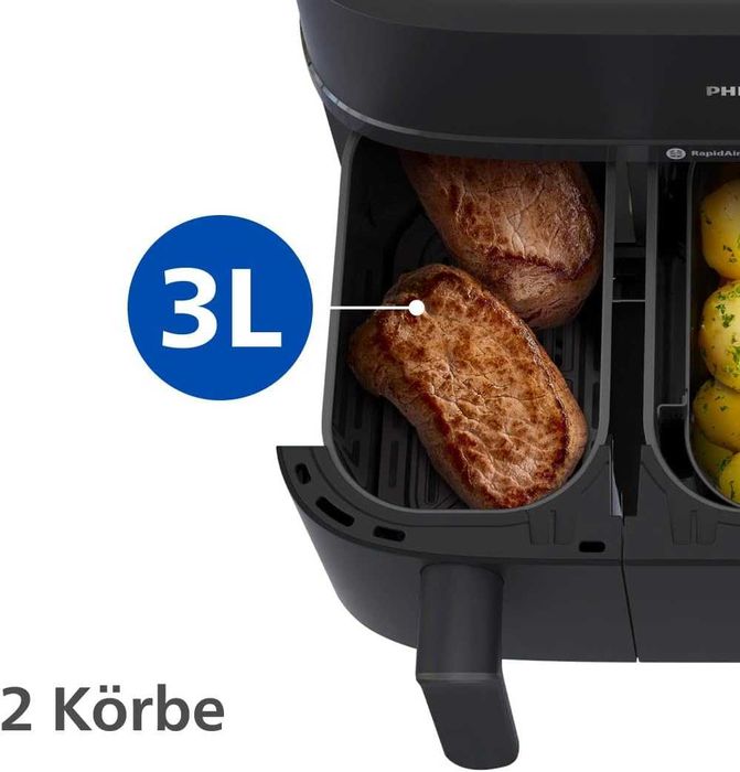 ПРОМО Нов 2г Гаранция Фритюрник с Горещ Въздух Airfryer Philips NA550/00 с Двойна Кошница