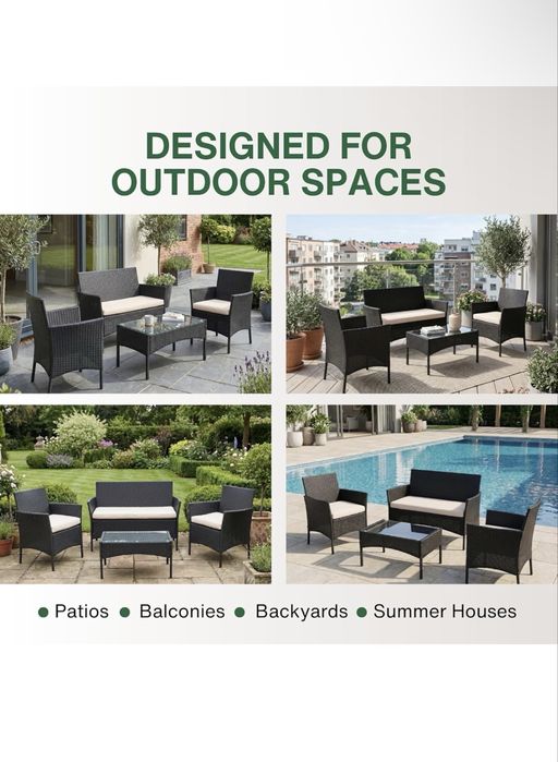 Set mobilier de grădină din ratan cu 4 piese: Set canapea/masă neagră pentru terasă