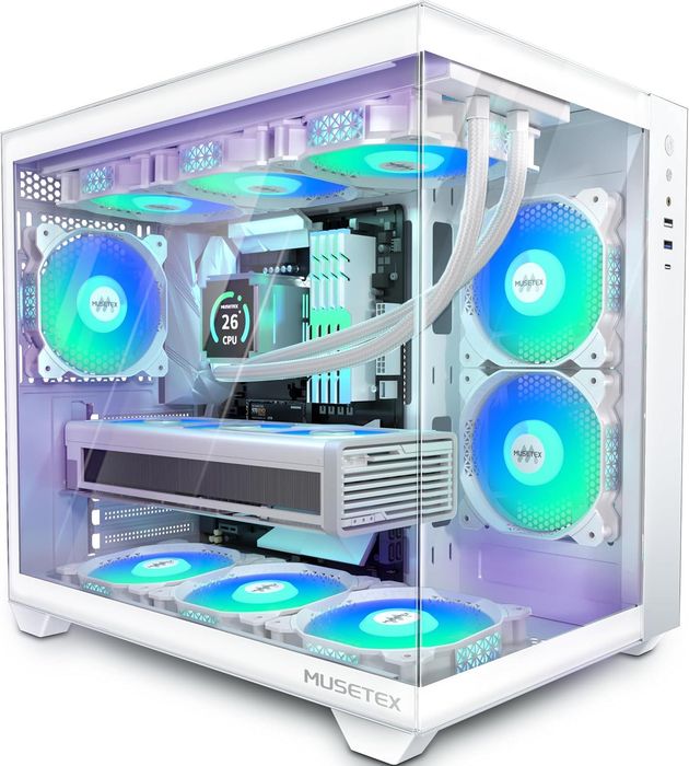 Carcasa PC Gaming MUSETEX Y6 alba, ATX, sticla 270°, 6 ventilatoare ARGB