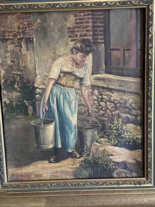 Superba pictura-ulei pe panza-Tanara femeie langa fantana-Franta