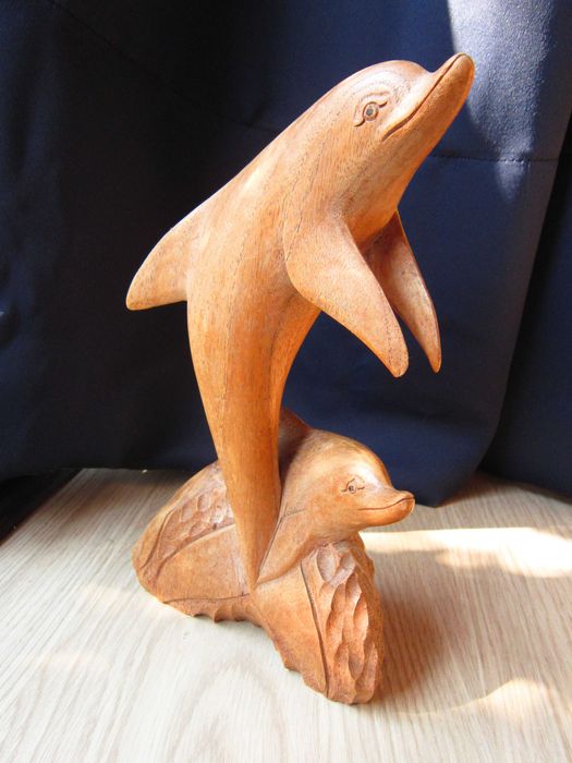 cadou rar feng shui Delfini sculptura superba vintage lemn