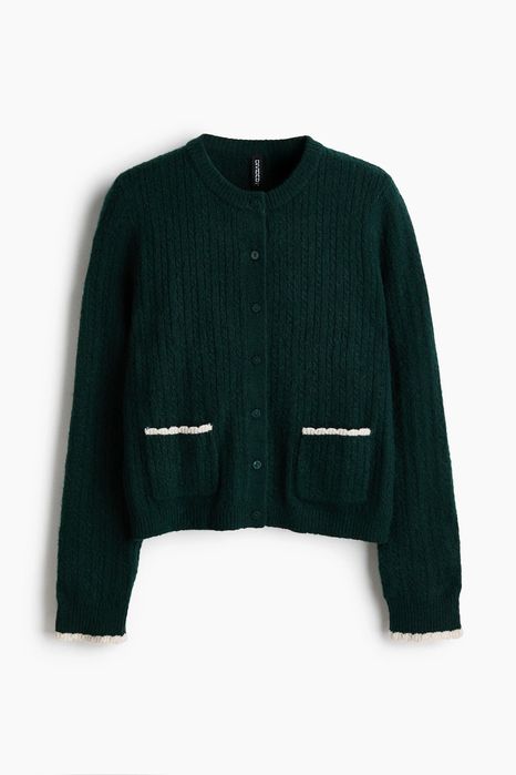 Дамска жилетка H&M с едра плетка, размер - XS, тъмно зелена