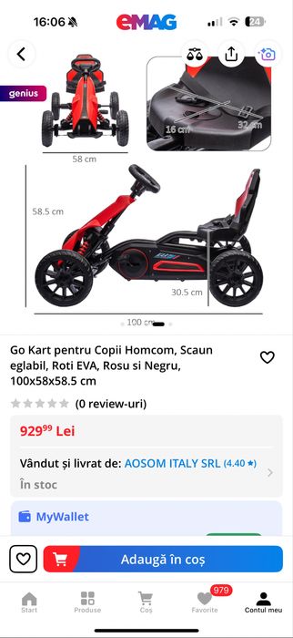 Kart copii Homcom, scaun reglabil - pana la 8 ani