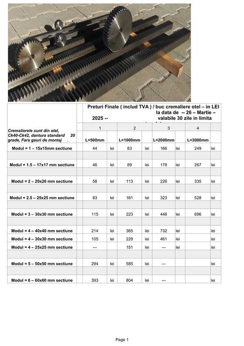 Cremaliera, Pinion - Modul - M=1,5 - L= 500/1000/2000mm - Plasma, CNC