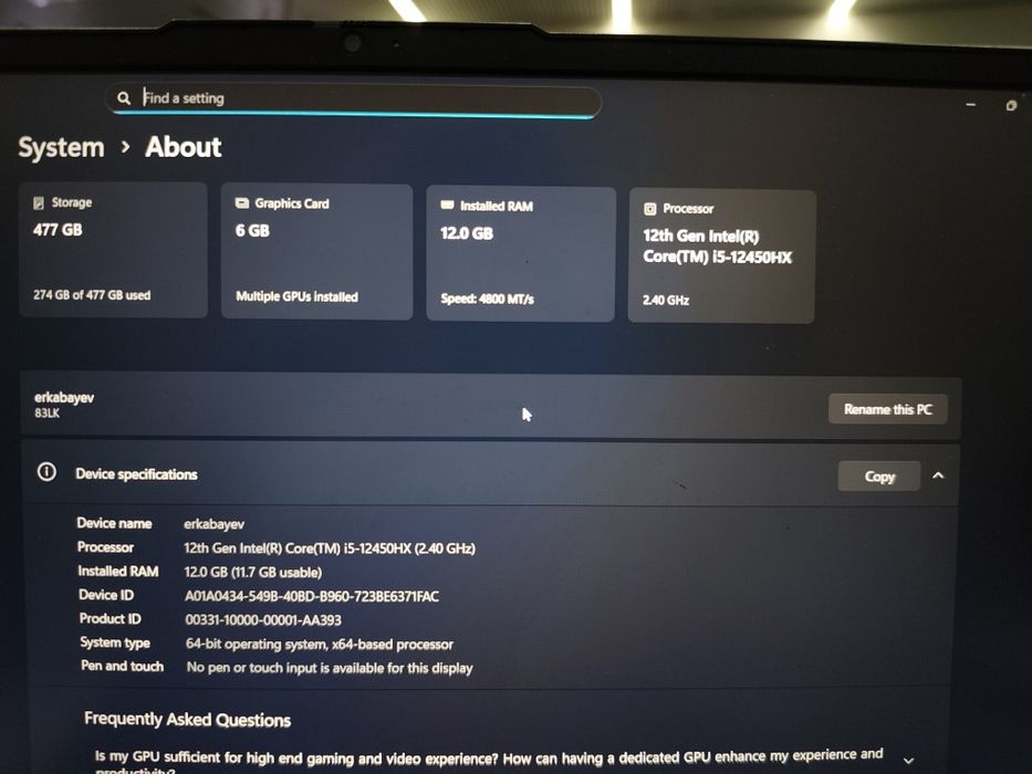 Lenevo LOQ Core(TM) i5-12450HX 12GB/512GB