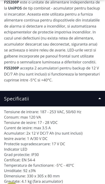 Sursa de alimentare cu back-up UniPOS FS5200P, 187-253 VAC, 17-28 VDC