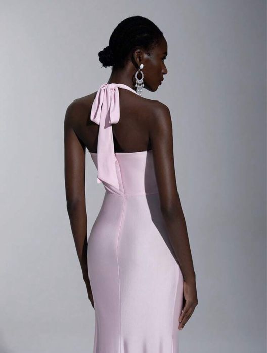 Чисто нова Елегантна, официална, дълга розова рокля с цепка, размер L  Л, материя сатен и еластан, за бал или гост на сватба